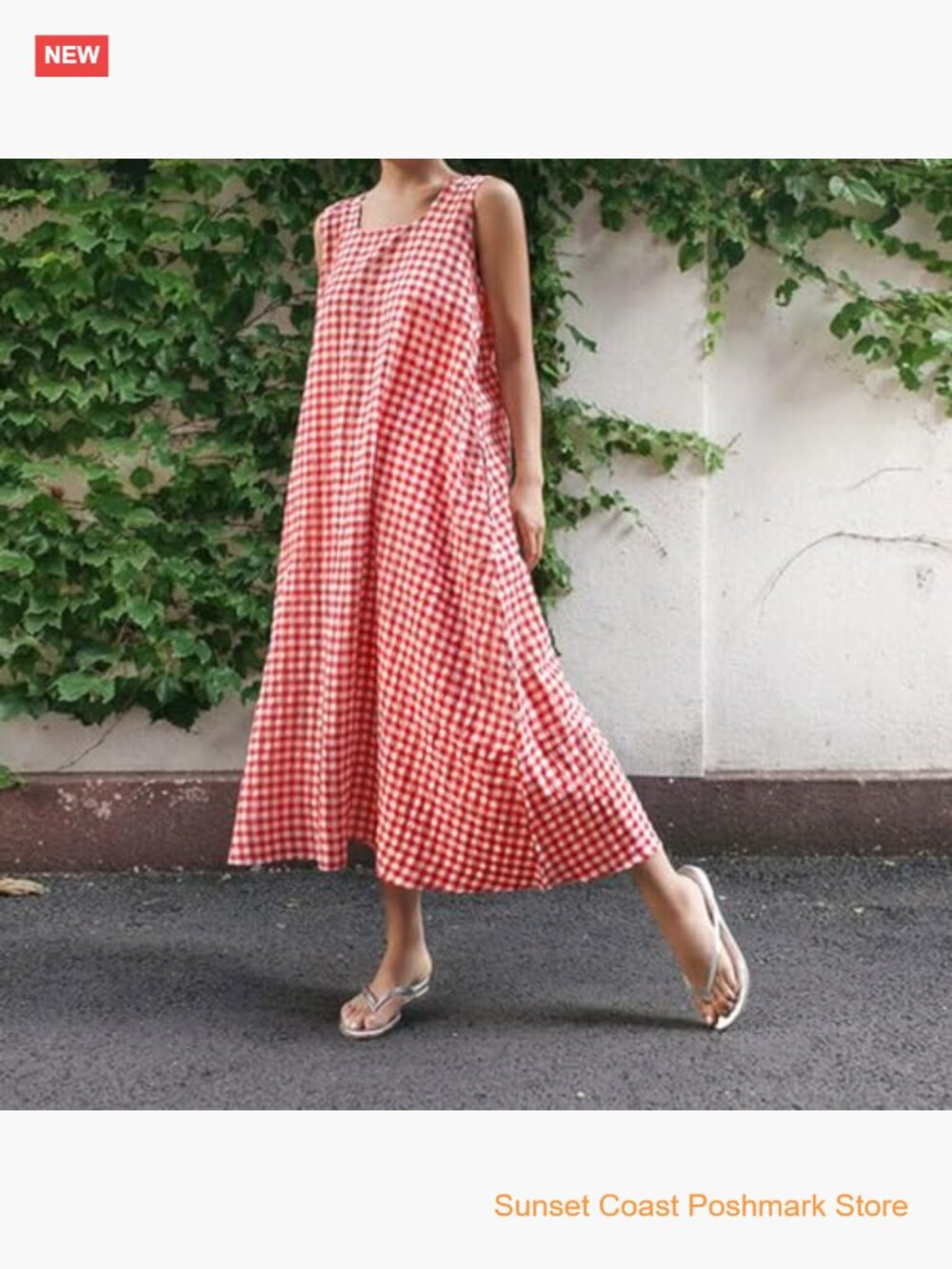 Women's Casual Loose-Fit Cotton Plaid Tank Maxi Dress with Pockets Boho Beach - Picture 5 of 8